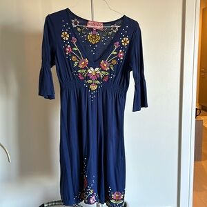 Johnny Was JW Los Angeles Dress 3/4 Sleeve Embroidered Floral Boho Size M